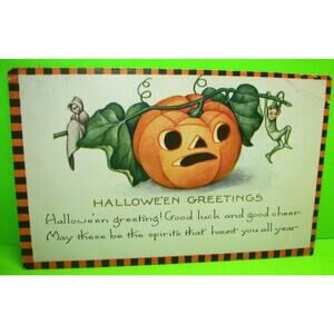 Halloween Fantasy Postcard Whitney Checker Border Ghost Gnome Pixie Original NH